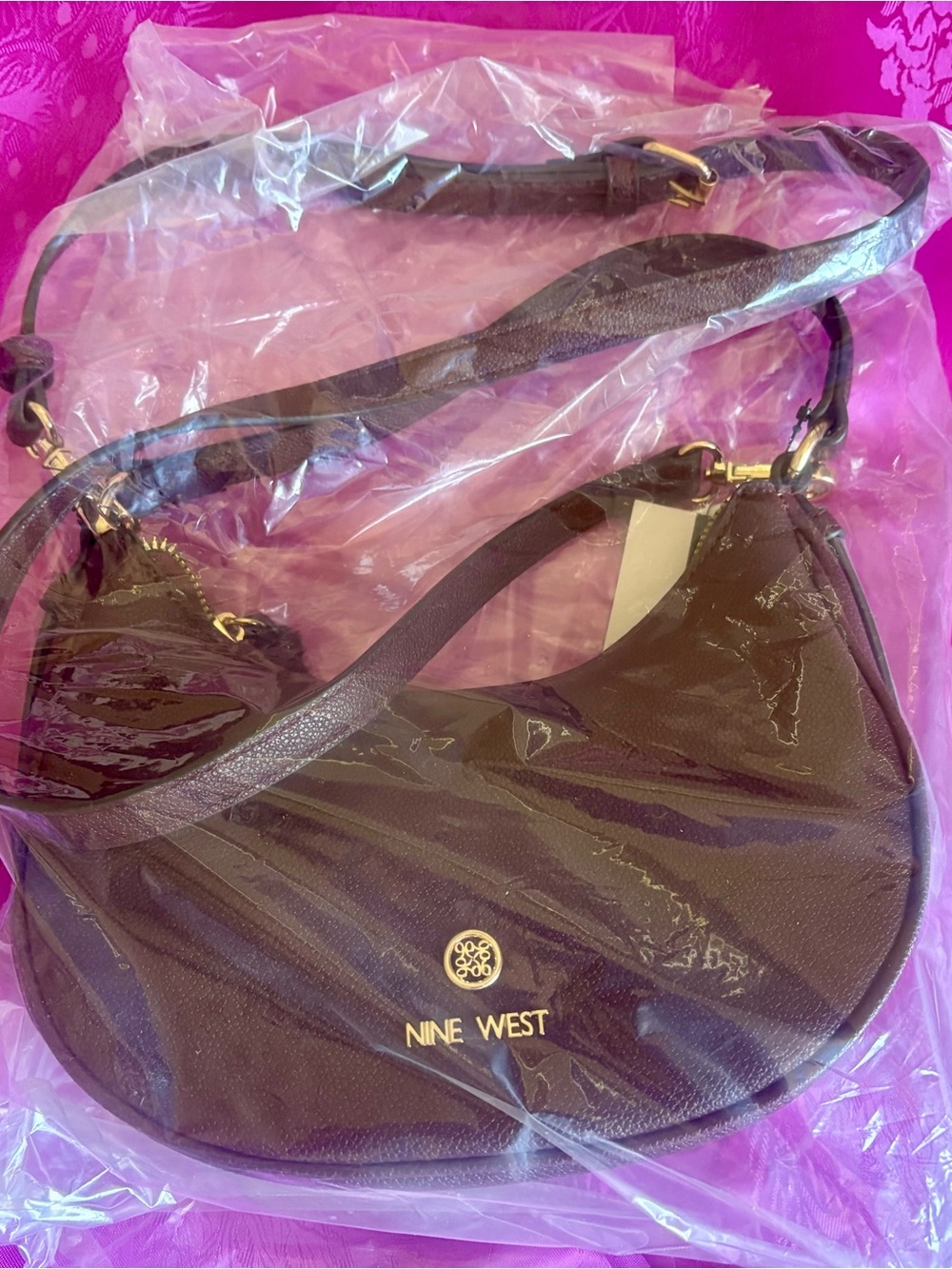Nine West Dark Brown Crescent Shoulder Bag with Gold Hardware